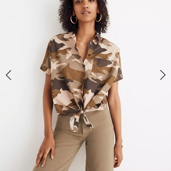 MADEWELL Short Sleeve Boxy Oversized Tie Front Shirt in Cottontail Camo XS - Picture 1 of 12